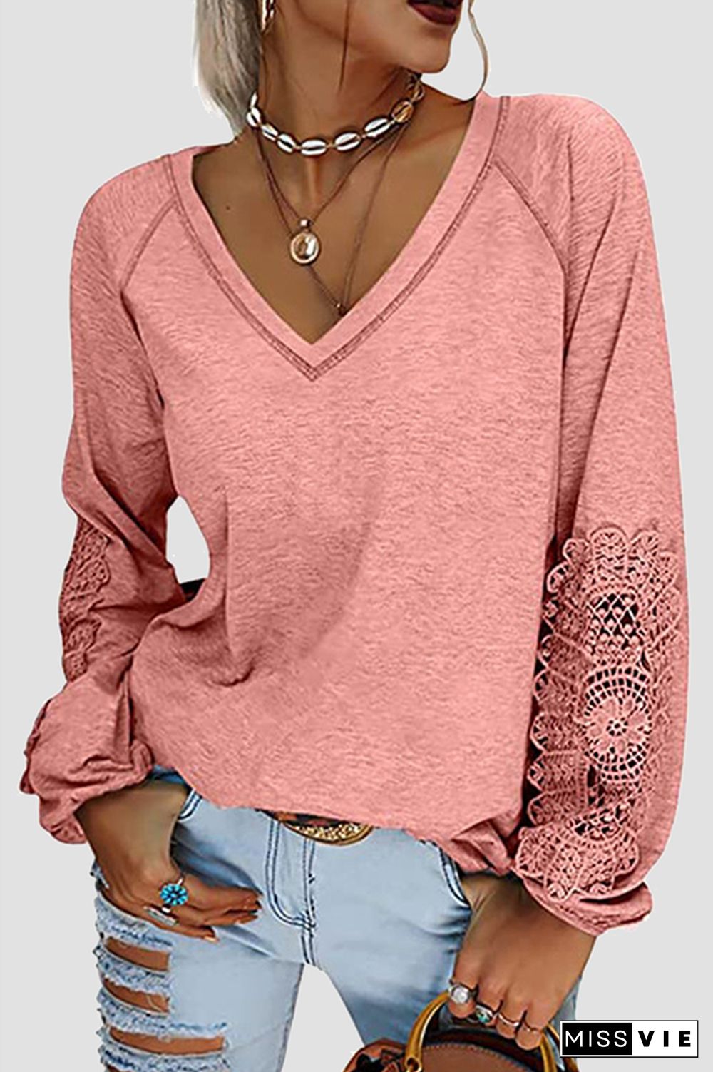 Casual Solid Lace Split Joint V Neck T-Shirts