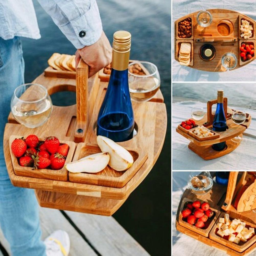 ZHANGLU Wooden Outdoor Folding Picnic Table，Creative 2 in 1 Mini Picnic Table Compartmental Dish for Cheese，Fruit and Wine，Portable Picnic Table Foldable Table with Handles Z7Z3