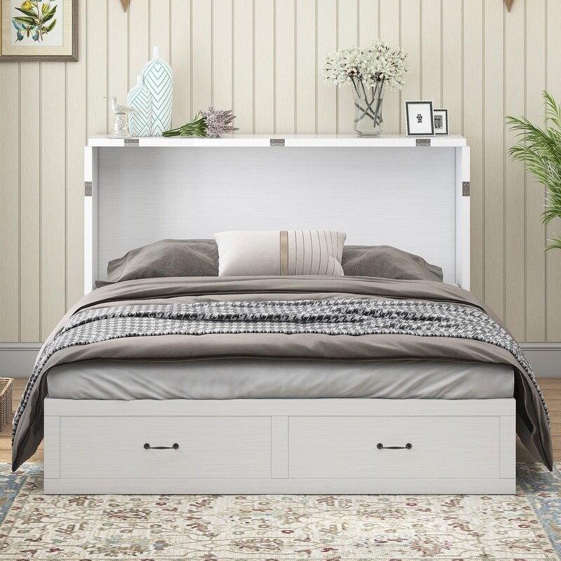 Mixoy Hidden Murphy Chest Bed with USB Ports Drawers Convertible Folding Horizontal Cabinet Bed with Mattress