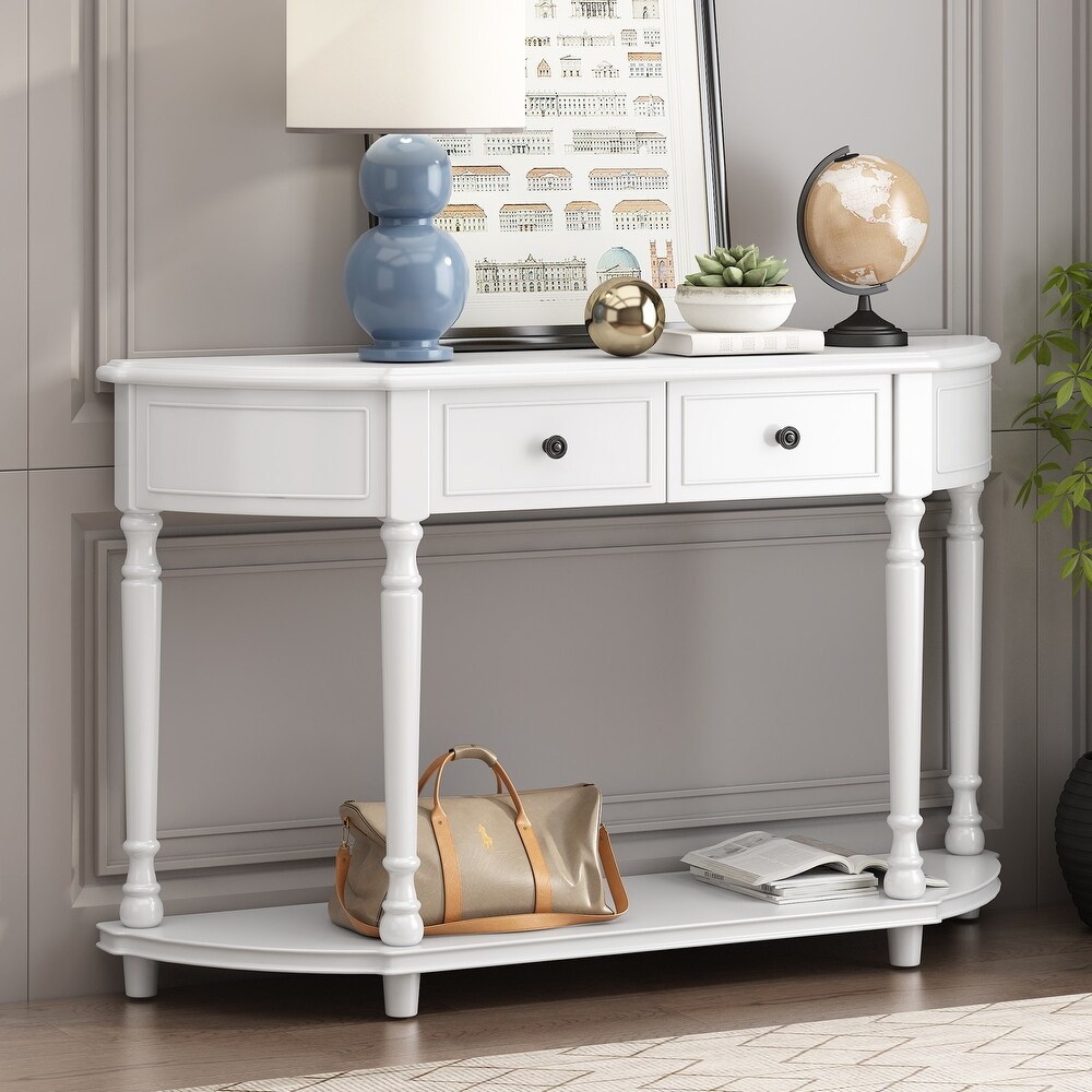 Retro Curved Console Table with Open Style Shelf and 2 Top Drawers  Half Moon Entry Table with Solid Wooden Frame and Legs