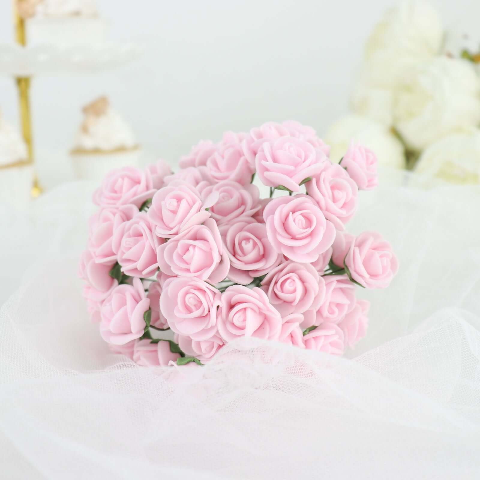 48 Roses Pink Real Touch Artificial DIY Foam Rose Flowers With Stem, Craft Rose Buds 1