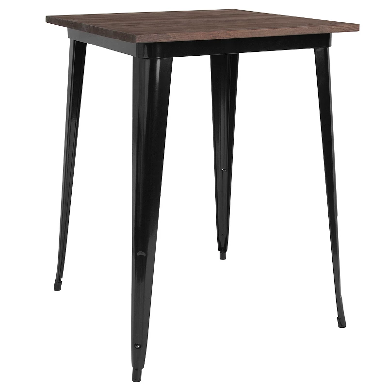 Merrick Lane Ardennes 31.5 Black Steel Indoor Contemporary Table With Square Walnut Rustic Wood Top