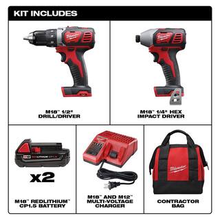 MW M18 18V Lithium-Ion Cordless Drill DriverImpact Driver Combo Kit (2-Tool) W Two 1.5Ah Batteries Charger Tool Bag 2691-22