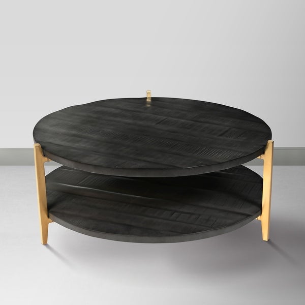 Tali 37 Inch Handcrafted Round Coffee Table， 2 Tier， Charcoal Gray Acacia Wood， Sleek Gold Metal Legs