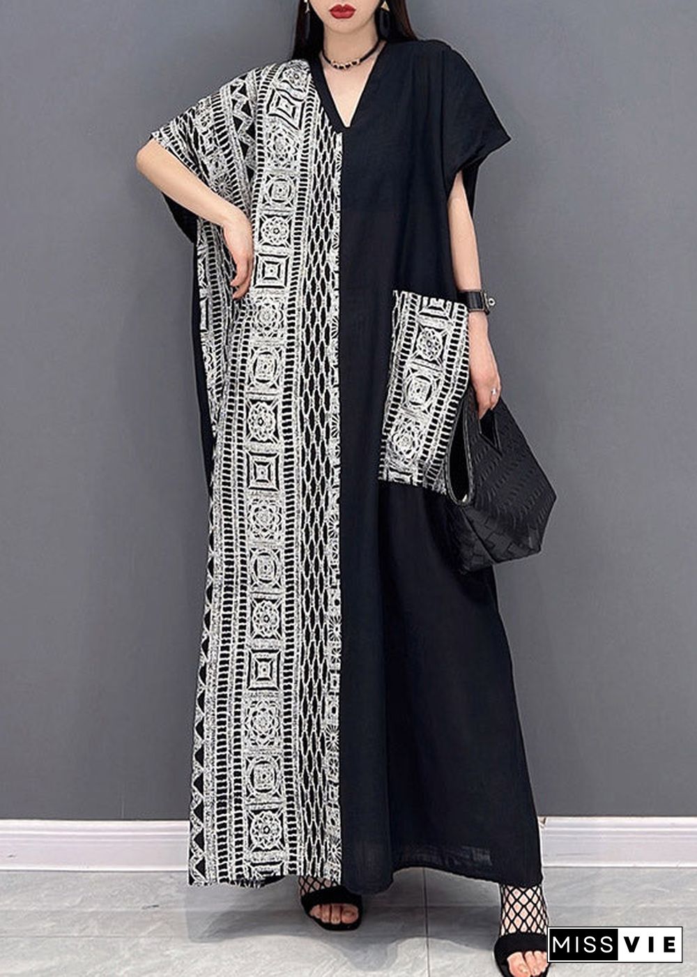 Loose Black V Neck Print Patchwork Long Dresses Short Sleeve