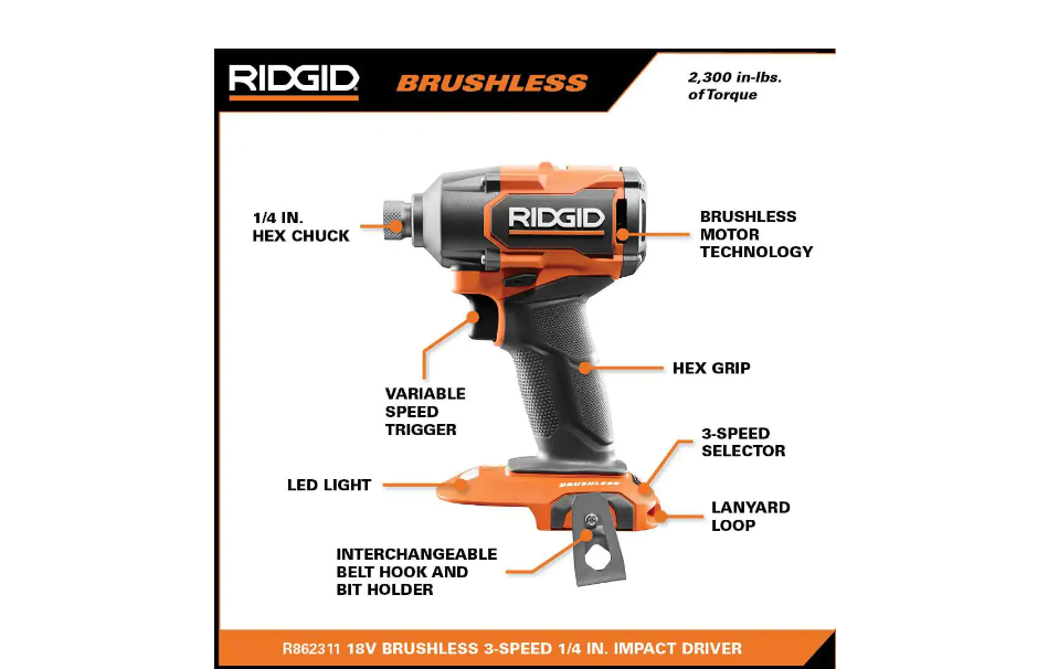 RIDGID R9225 18V Brushless Cordless 4-Tool Combo Kit with (1) 4.0 Ah and (1) 2.0 Ah MAX Output Batteries， 18V Charger， and Tool Bag