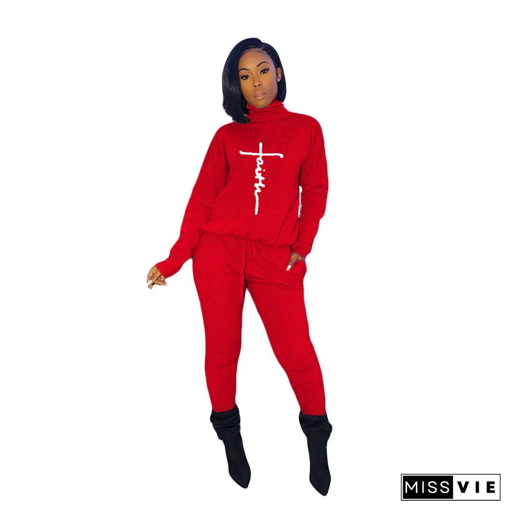 Faith Letter Turtleneck Long Sleeve T-shirt and Pants Suit