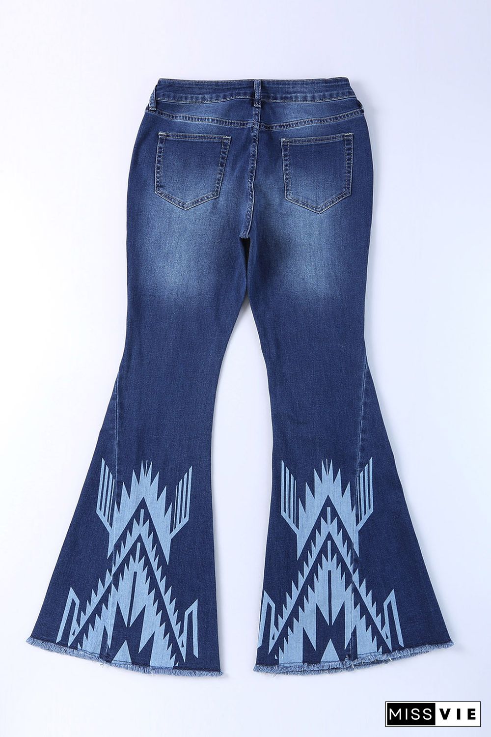 Blue Western Pattern High Rise Flare Jeans