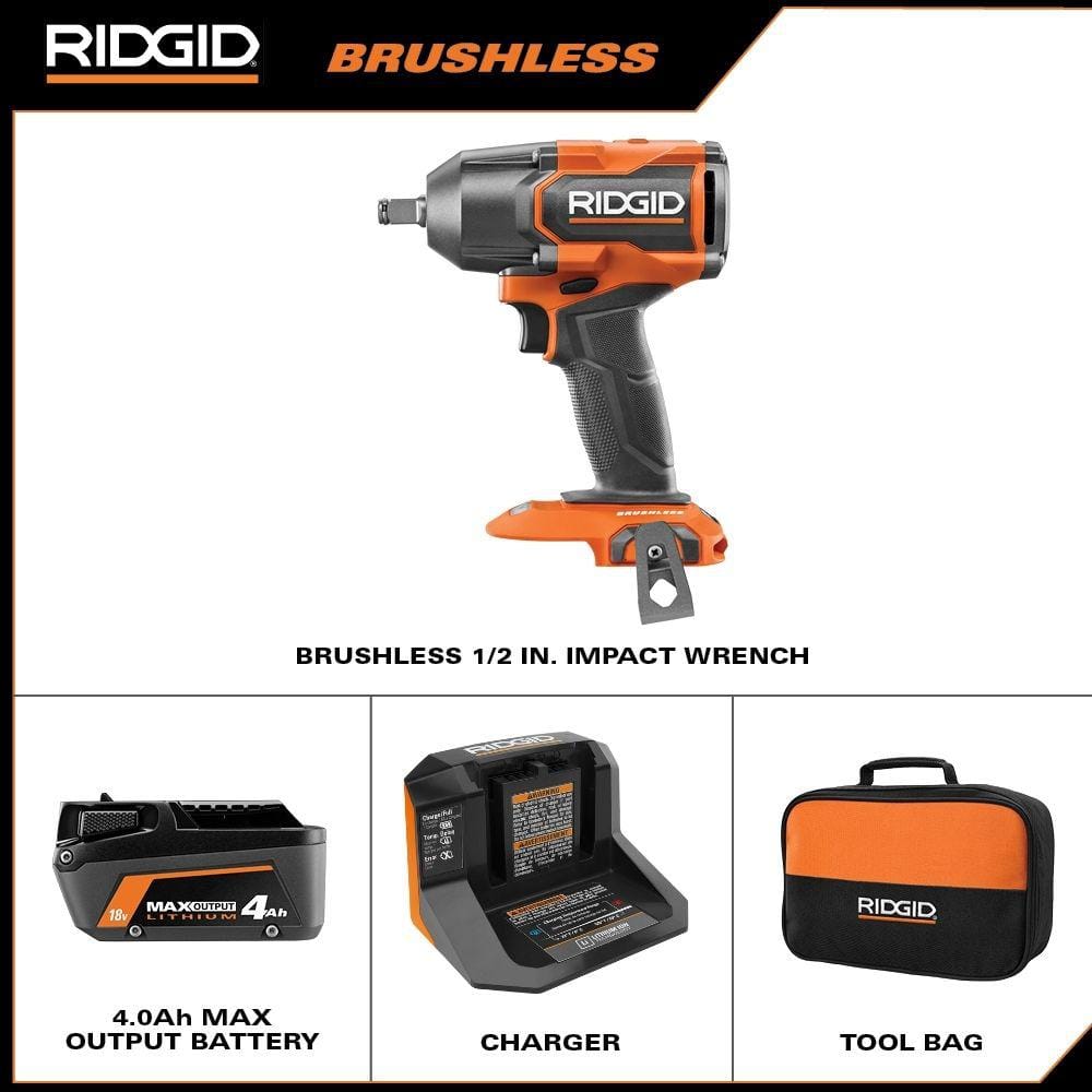 RIDGID 18V Brushless Cordless 1/2 in. Impact Wrench Kit with 4.0 Ah Battery and Charger R86012K