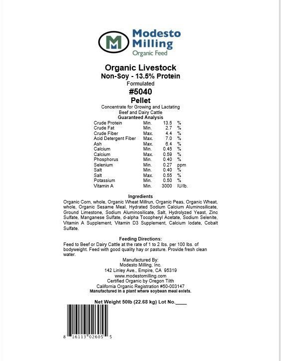 Modesto Milling Organic Soy-Free， 13.5% High Protein Livestock Feed