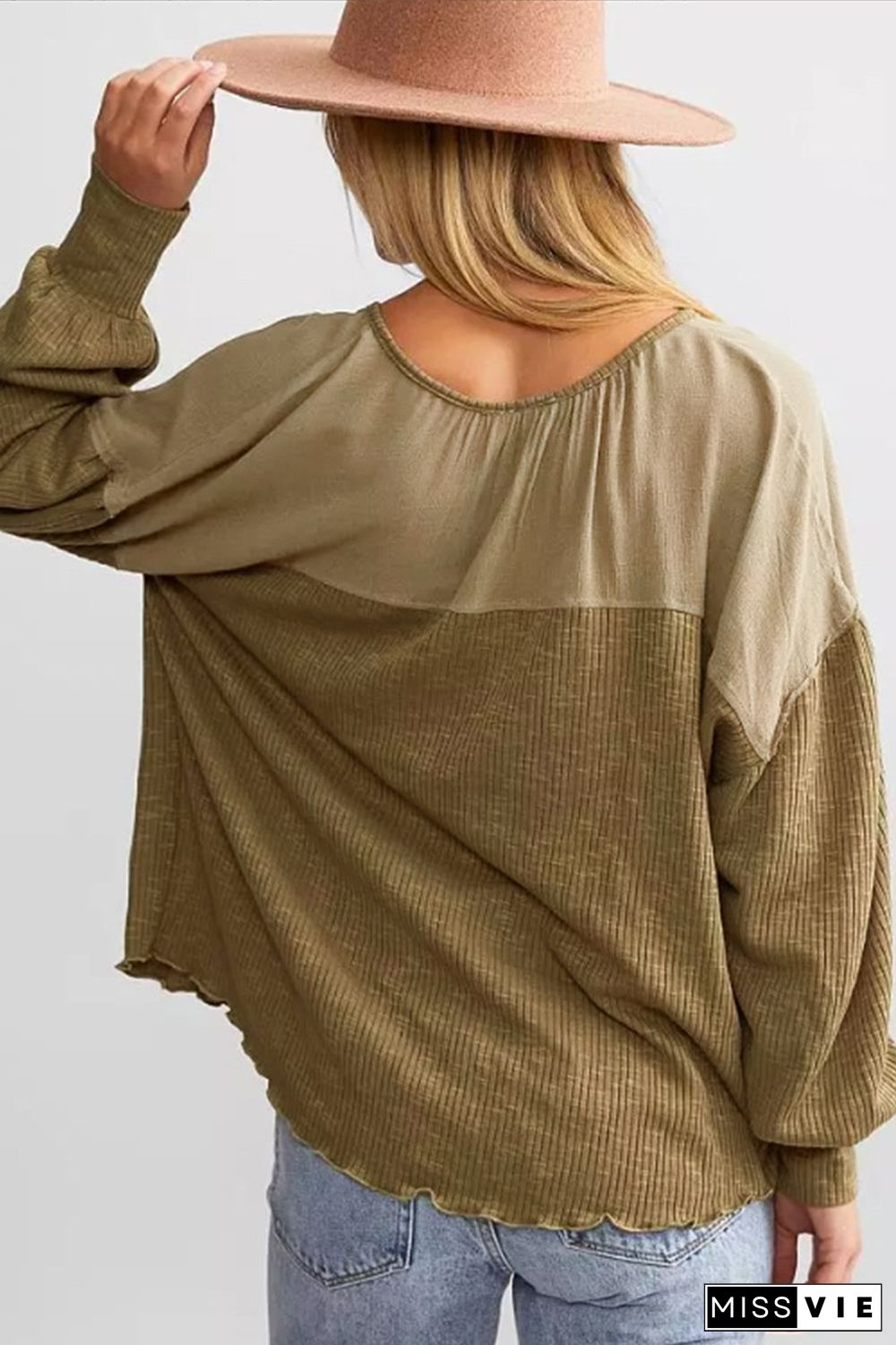 Khaki Ribbed Patchwork Drop Shoulder Buttoned Neckline Blouse