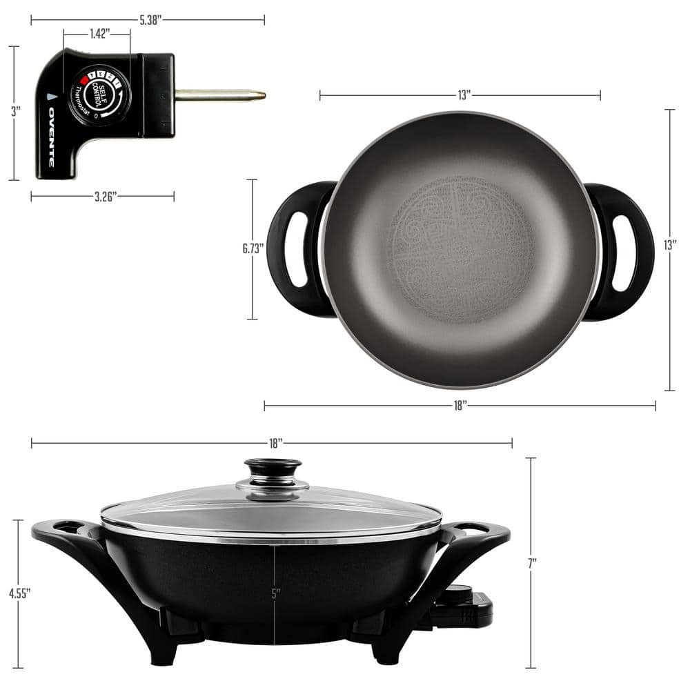 OVENTE 13 In. Black Non-Stick Electric Skillet with Aluminum Body Adjustable Temperature Controller Tempered Glass Cover SK3113B