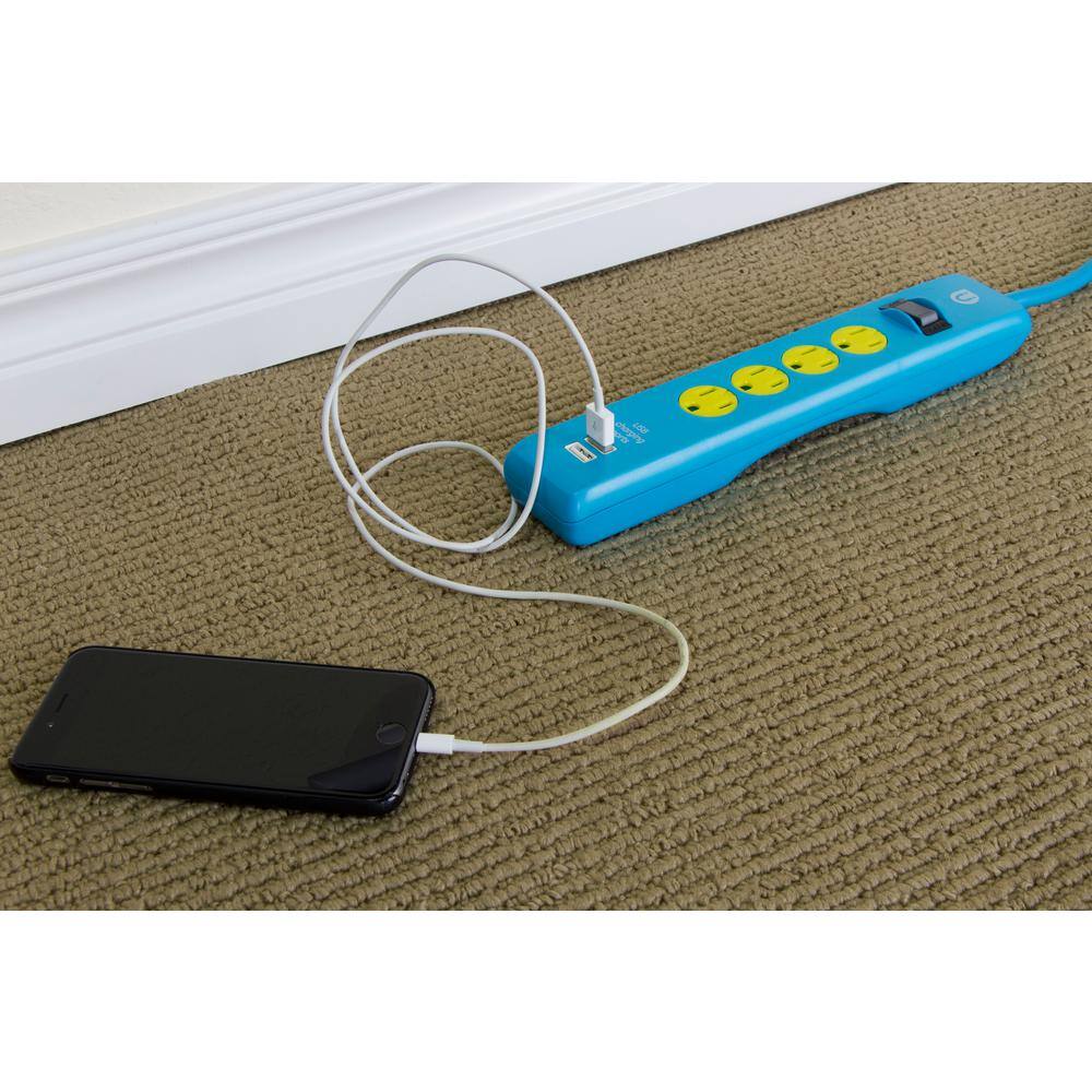 Uber 4 ft. 4-Outlet and 2 2.1 Amp USB Port Power Strip Blue 25117