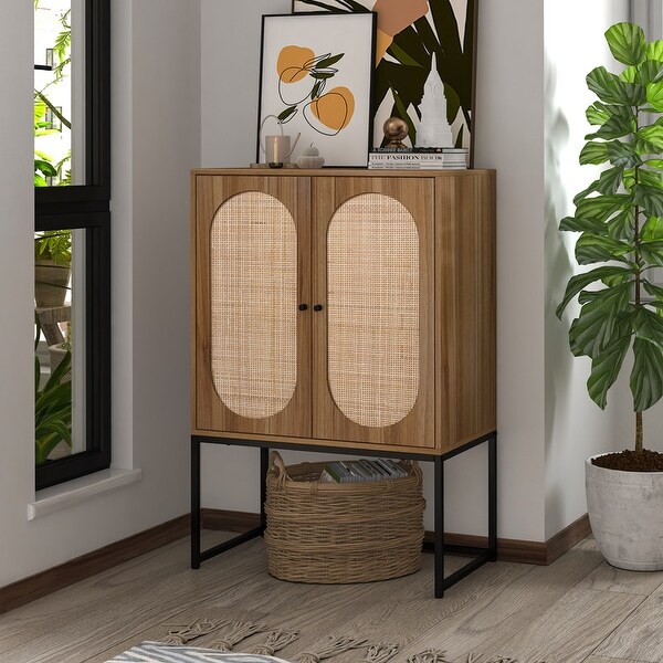 2-Door Rattan Accent Storage Cabinet Tall with Adjustable Shelf