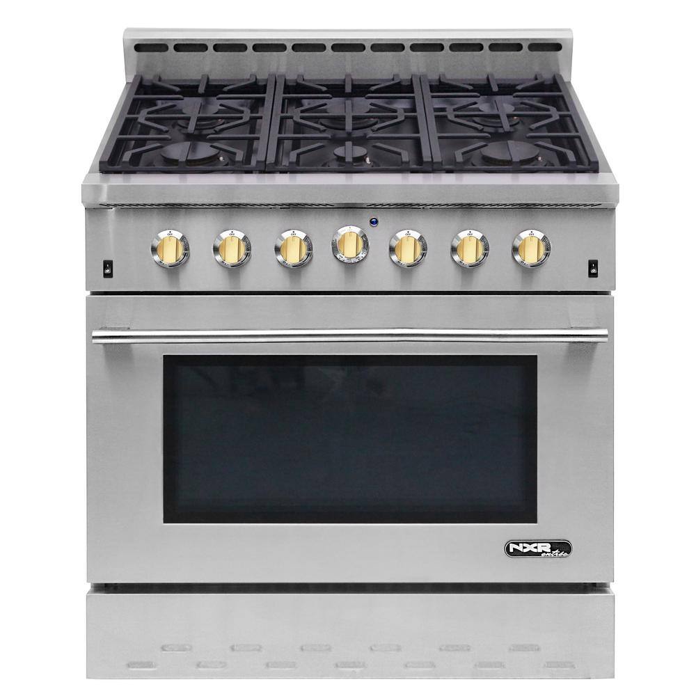 NXR Entree Bundle 36 in. 5.5 cu.ft. Pro-Style Gas Range with Convection Oven and Range Hood in Stainless Steel and Gold NK3611EHBD-G