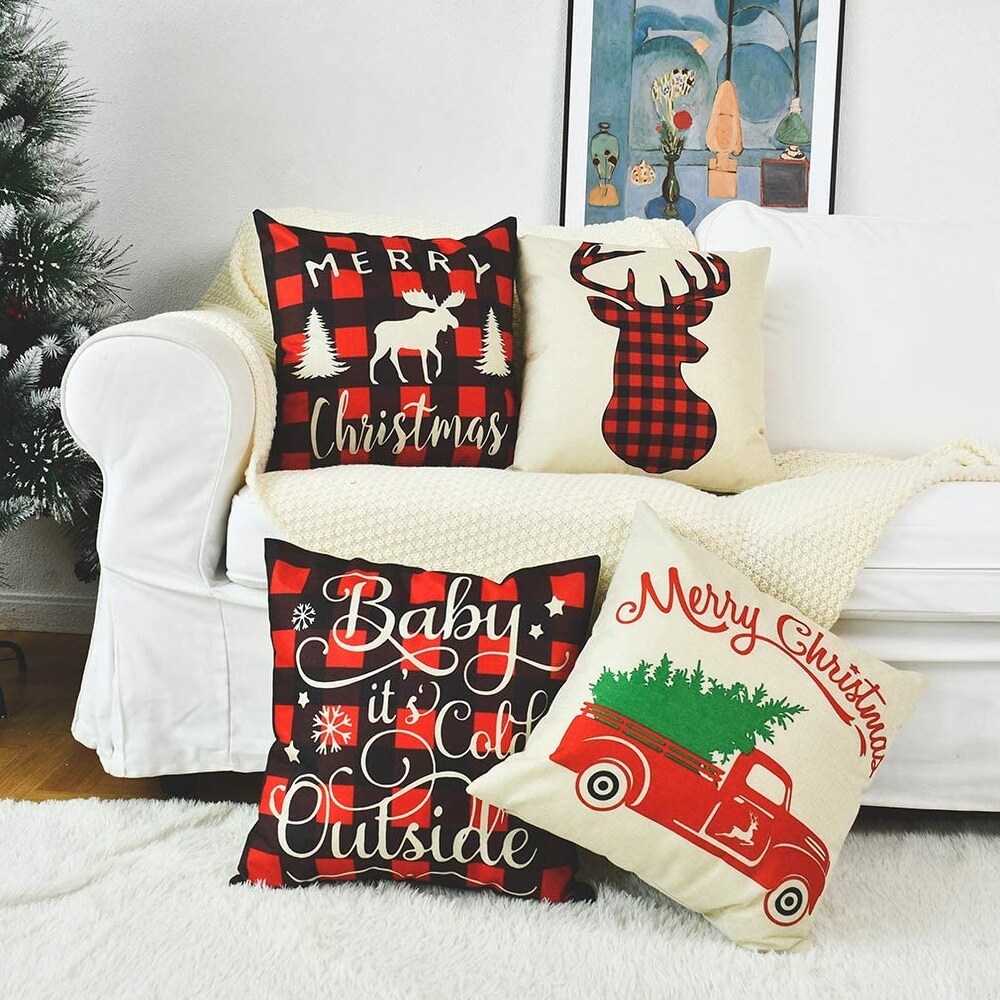 Cotton Linen Winter Deer Pillow Covers Set of 4 Christmas Decor Throw Pillow Covers Cushion Cover 18 X 18   Multi color   Medium