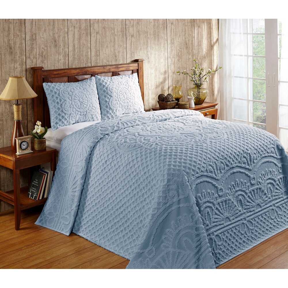 Better Trends Trevor 100% Cotton Tufted Chenille Medallion Design Bedspread Set   Blue   Twin