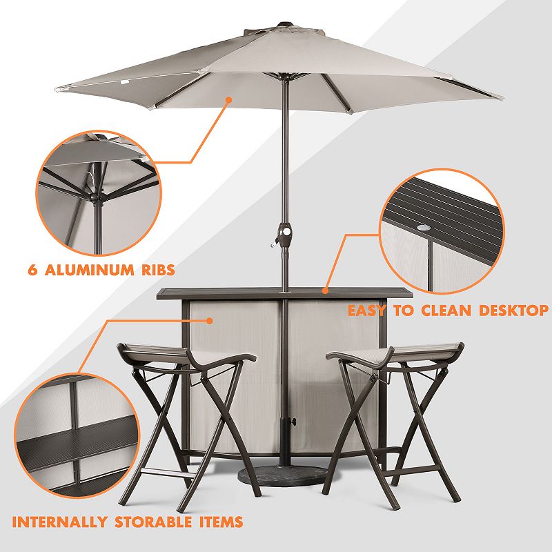 Aoodor 5 Piece Folding Outdoor Chairs and Bar Table Set With 8' Adjustable Tilt Umbrella with Base