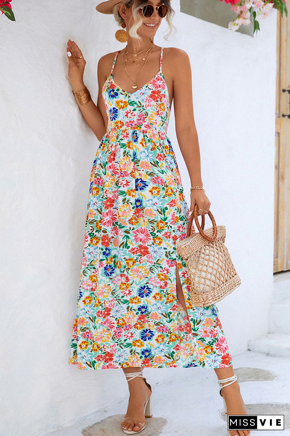 Backless Split Spaghetti Floral Dress