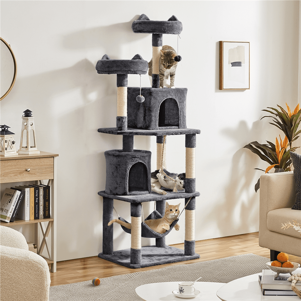 SMILE MART 70.5″H Multi Level Cat Tower Tree with 2 Condos and 2 Foam-Padded Perches for Medium/Large Cats， Light Gray