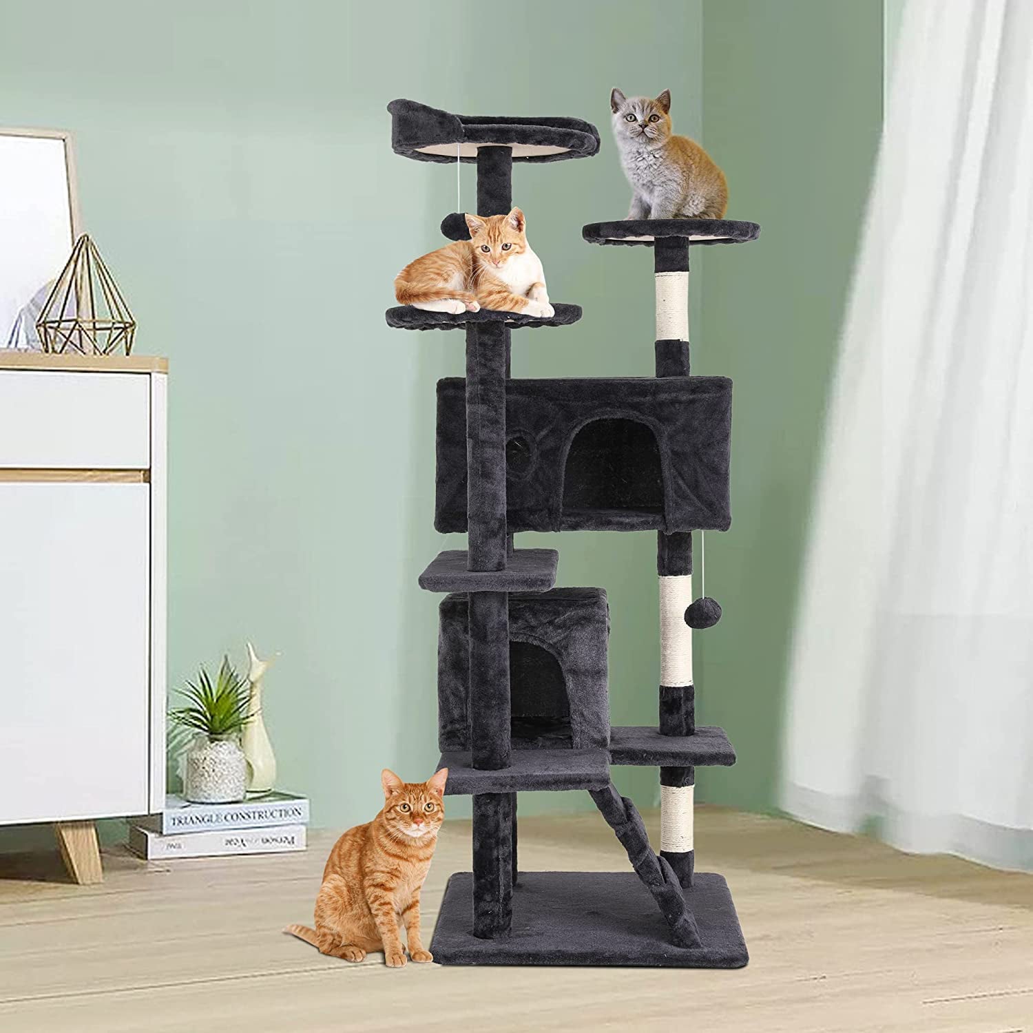 BestPet 54in Cat Tree Tower with Cat Scratching Posts Stand House Cat Condo with Funny Toys(54in,Dark Gray)