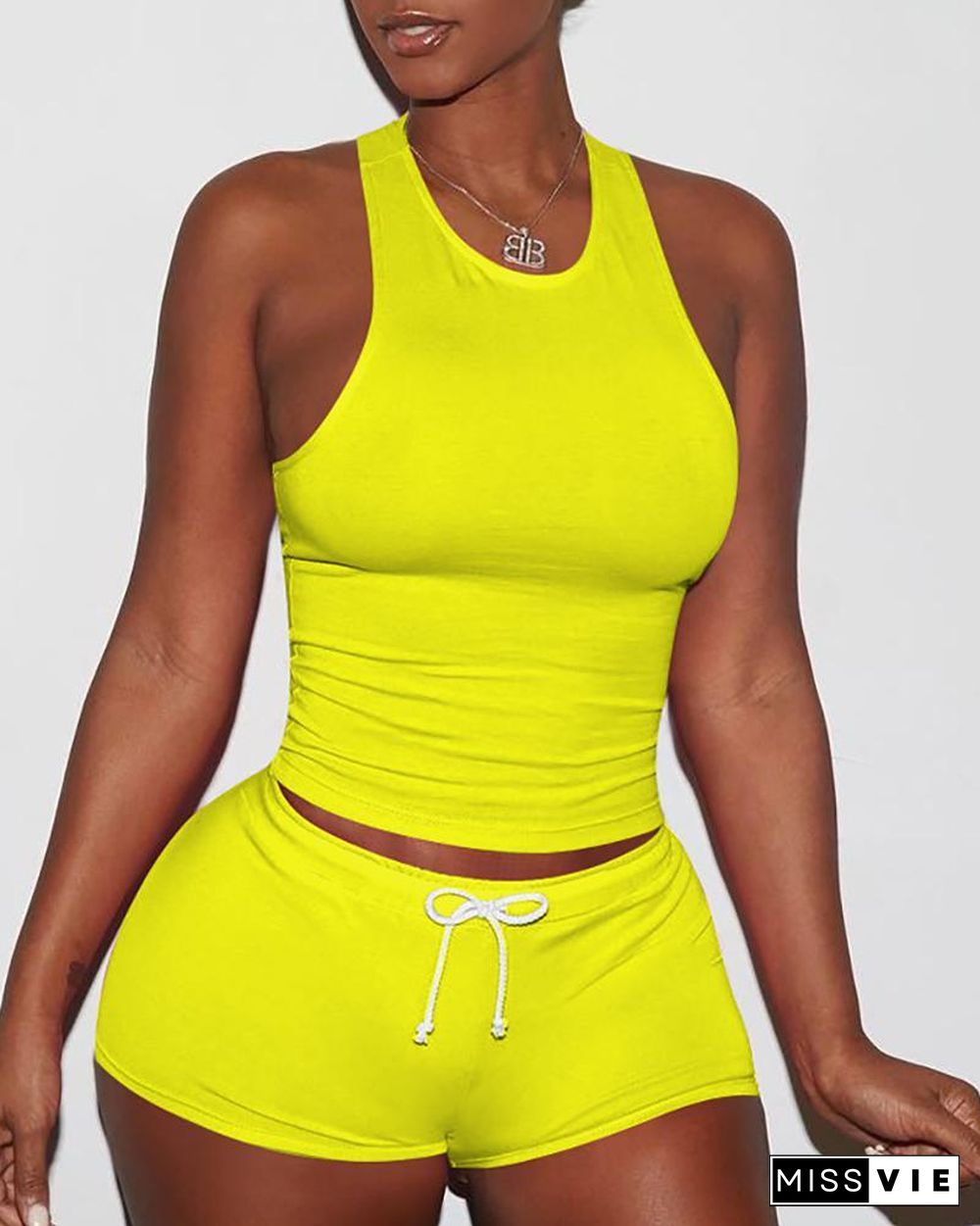 Sexy Solid Color Sporty Vest Shorts Set P14693