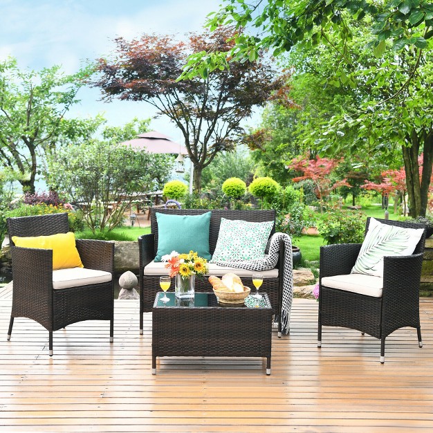 Costway 4pcs Rattan Patio Furniture Set Cushioned Sofa Chair Coffee Table Garden