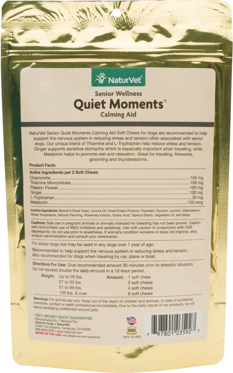 NaturVet Senior Wellness Quiet Moments Calming Aid Chamomile， Passion Flower and L-Tryptphan Plus Melatonin Dog Supplement