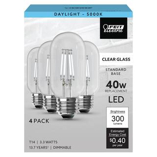 Feit Electric 40-Watt Equivalent T14 Dimmable Straight Filament Clear Glass Vintage Edison LED Light Bulb Daylight (4-Pack) T1440950CAHDRP4