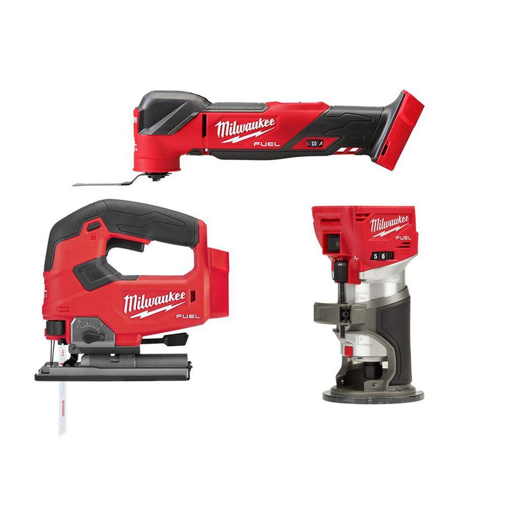 MW M18 FUEL 18V Lithium-Ion Cordless Brushless Oscillating Multi-Tool with FUEL Compact Router and Jigsaw (3-Tool) 2836-20-2723-20-2737-20