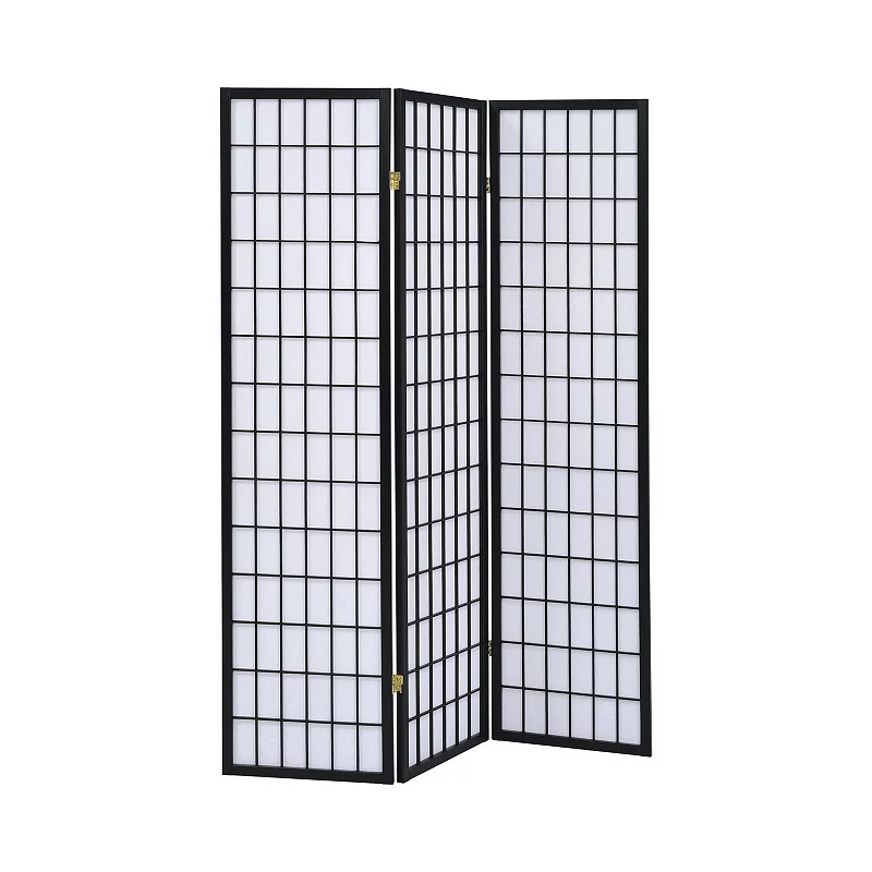 3 Panel Screen with Grid Design Wooden Frame， Black