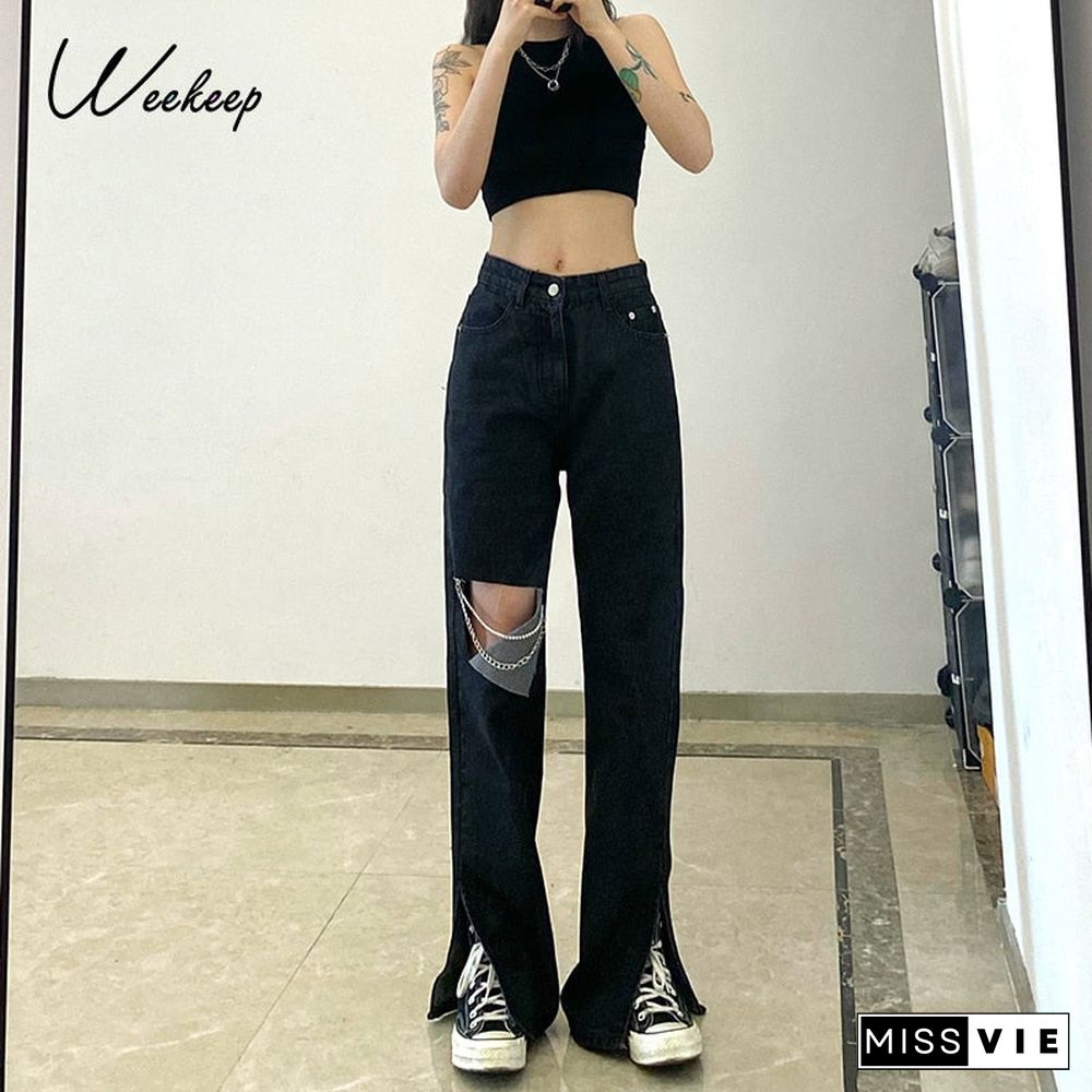 Weekeep Vintage Gothic Cut Out Holes Chain Straight Jeans Women Split High Waist Long Denim Pants Summer Casual Streetwear