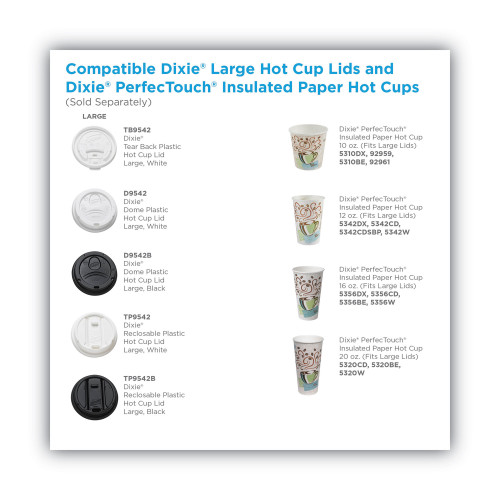 Dome Drink-Thru Lids， Fits 10 oz to 20 oz Dixie Paper Hot Cups， White， 100/Pack (D9542PK)