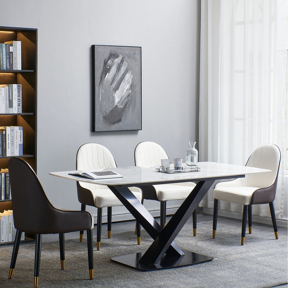 Sintered stone dinning table with 6 pcs Chairs  Carrara white color   Modern Dinning table 63inch with solid black frame