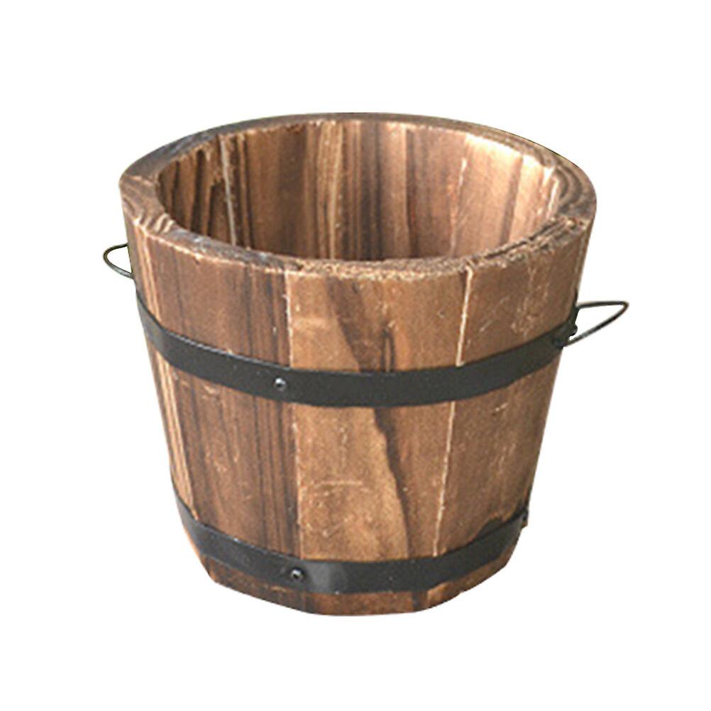 Wooden Round Barrel Planter Flower Pots Home Office Garden Wedding Decor (flat Mouth/small/brown/12x9x10cm)