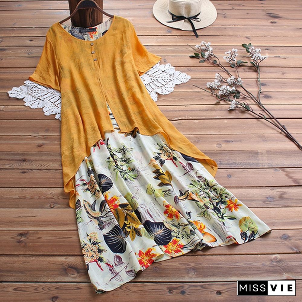 Women's Vintage Round Neck Short Sleeve Floral Print Dress Ladies Long Maxi Dress