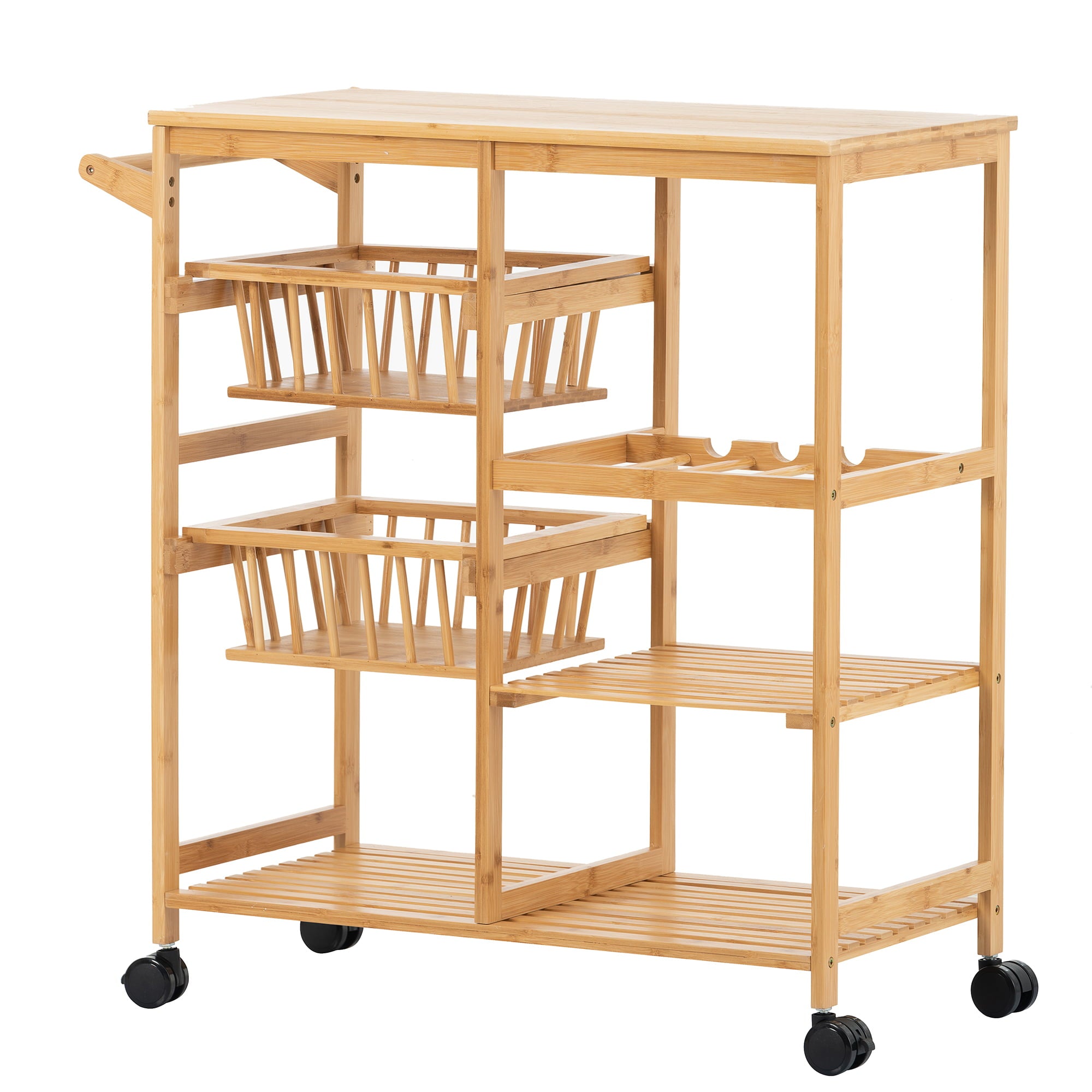 uhomepro Kitchen Rolling Microwave Cart on Wheels， Microwave Oven Stand Storage Cart on Wheels， Mobile Kitchen Cart， Bamboo Food Pantry Carts with Wine Rack， 3 Shelves， 2 Baskets