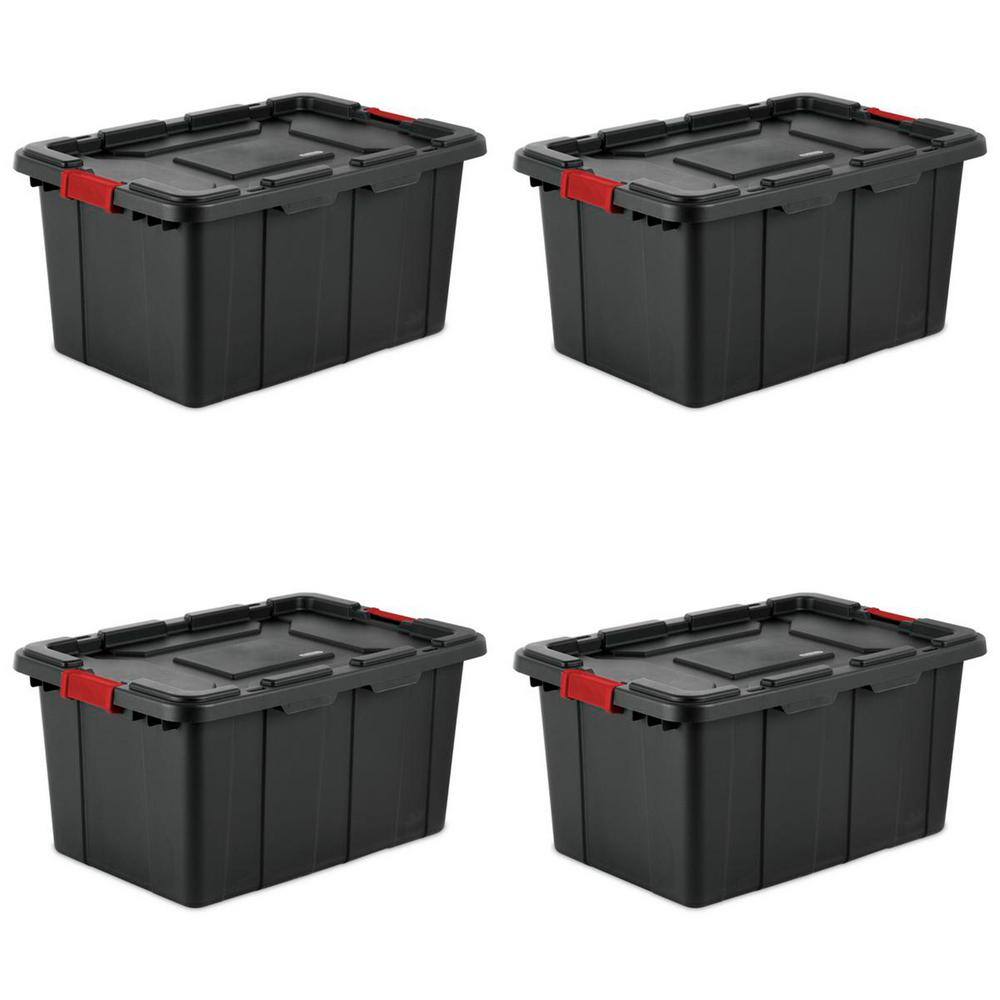 Sterilite 27-Gallon Durable Rugged Industrial Tote wRed Latches in Black (4 Pack) 4 x 14669004