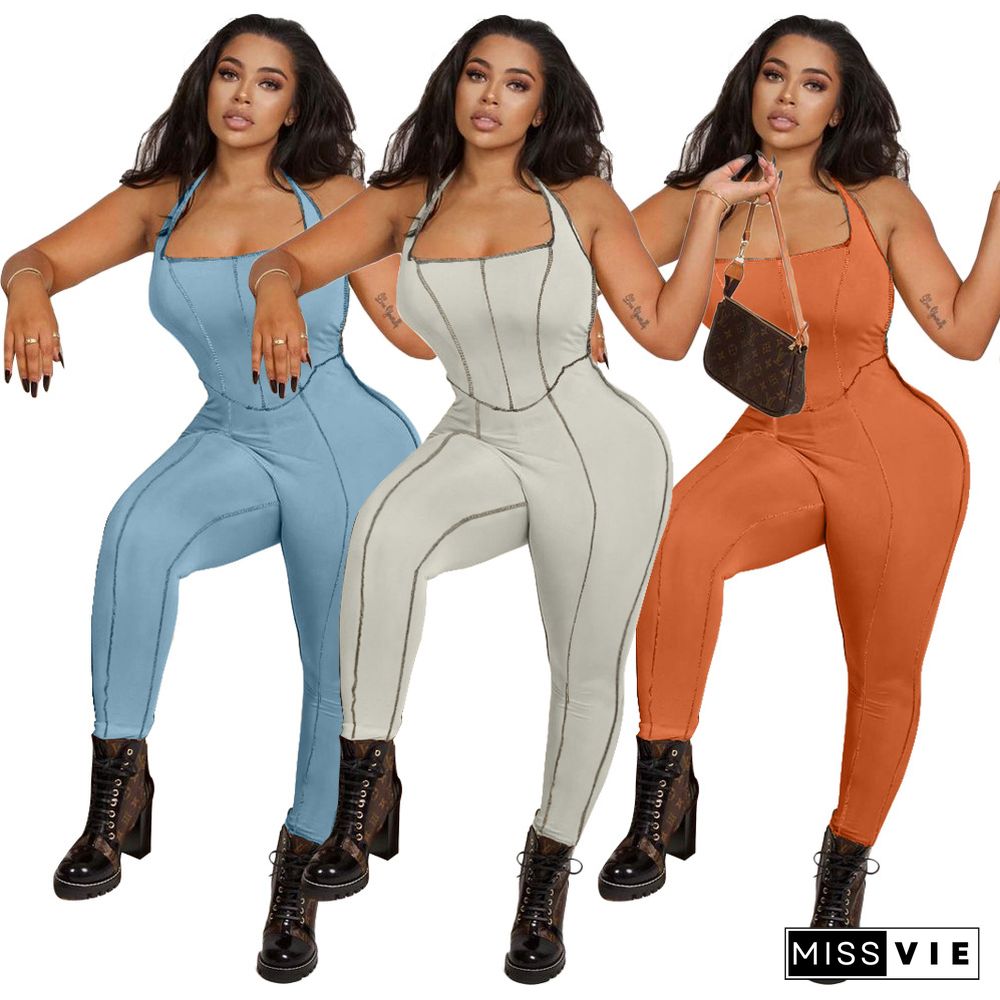 Summer New Casual Women's Stitching Design Halter Backless Sports Fitness Bodycon Jumpsuits