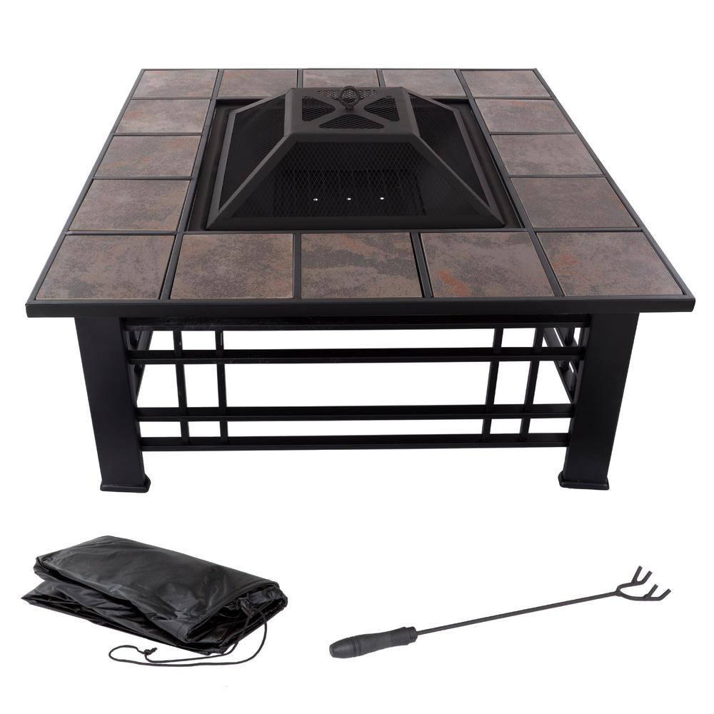 Pure Garden 32 in. Steel Square Tile Fire Pit with Spark Screen and Poker M150121