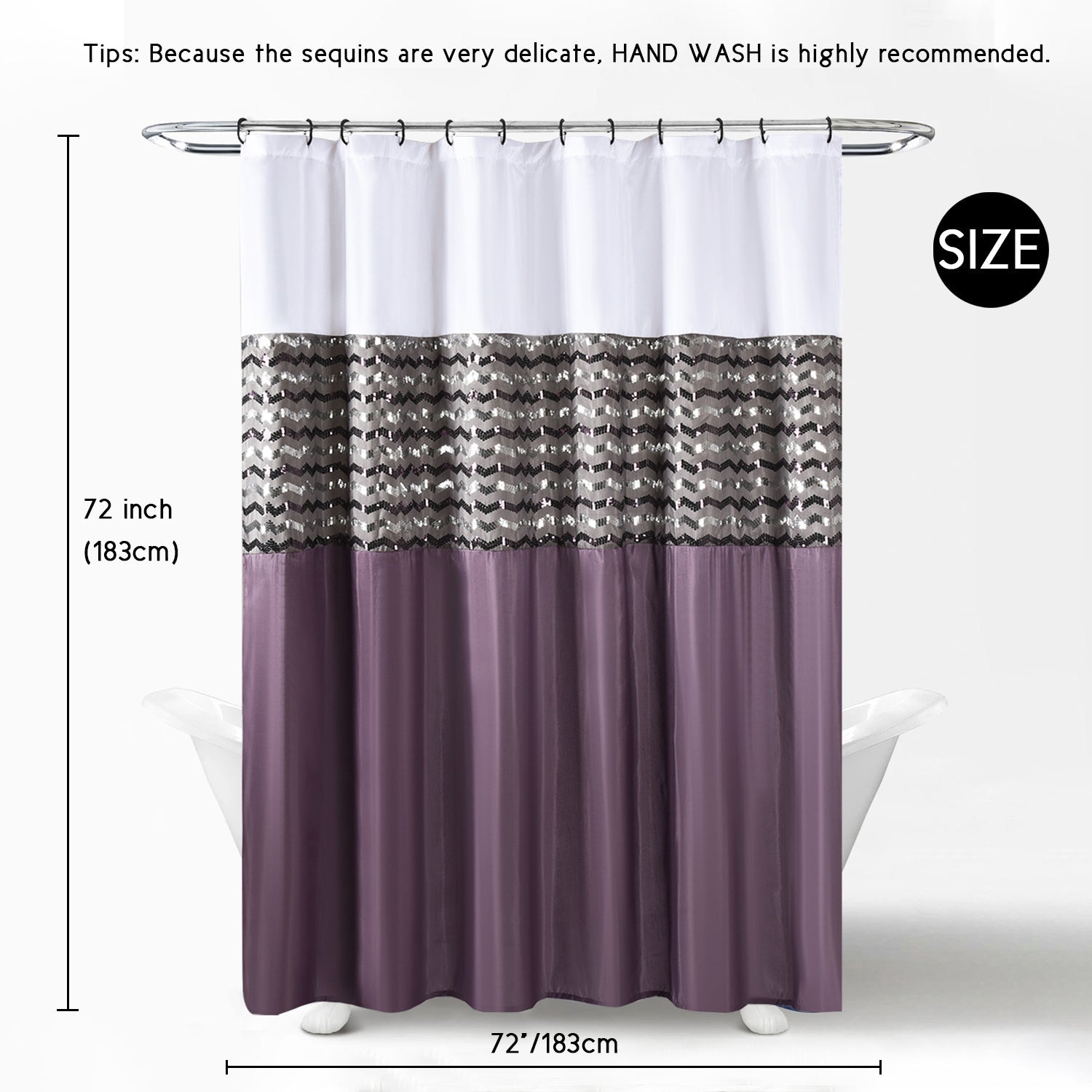 Modern Glitter Shower Curtain - Shimmer Sequin Design for Bathroom, Chic Stunning Bath Curtain with Color Block Design, 72