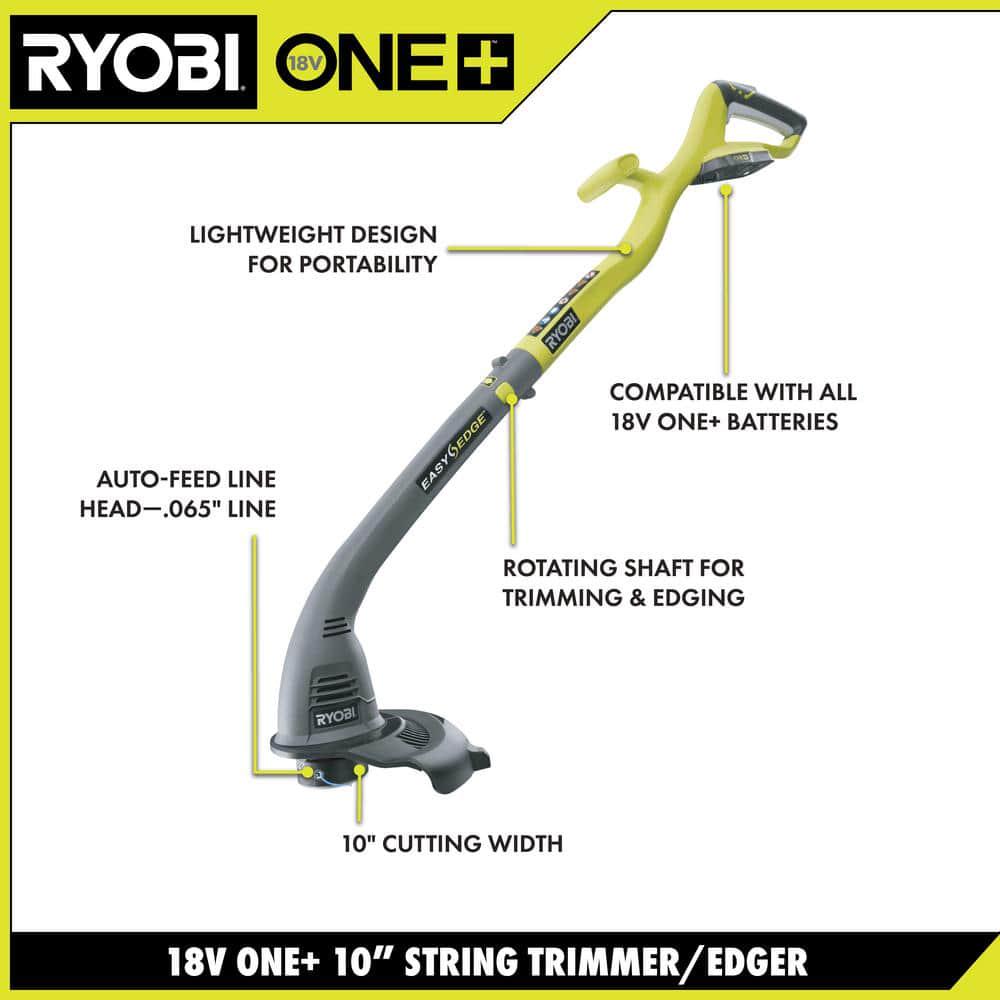 RYOBI ONE 18V 10 in Cordless Battery String Trimmer and Edger with 15 Ah Battery and Charger