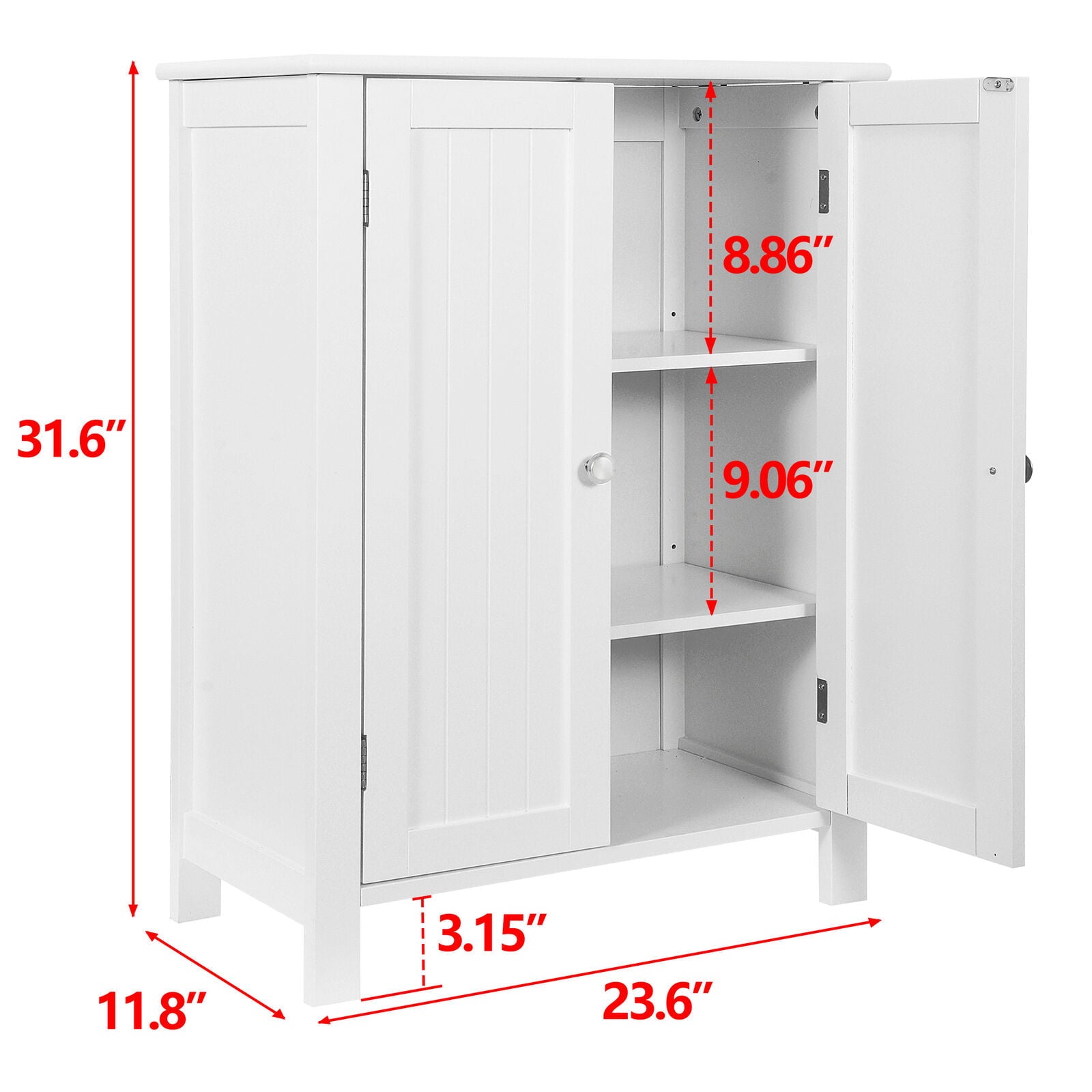 ZENSTYLE White Wooden Bathroom Floor Cabinet Storage Cupboard 3 Shelves Save Space