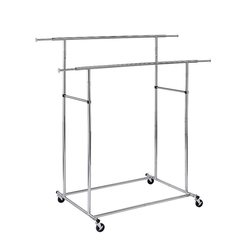 Dual Bar Tubular Metal Frame Garment Rack with Casters， Chrome