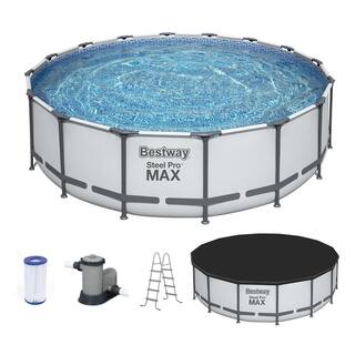 Bestway Pro MAX 16 ft. x 16 ft. Round 48 in. Metal Frame Above Ground Swimming Pool with Pump  Cover 5613AE-BW