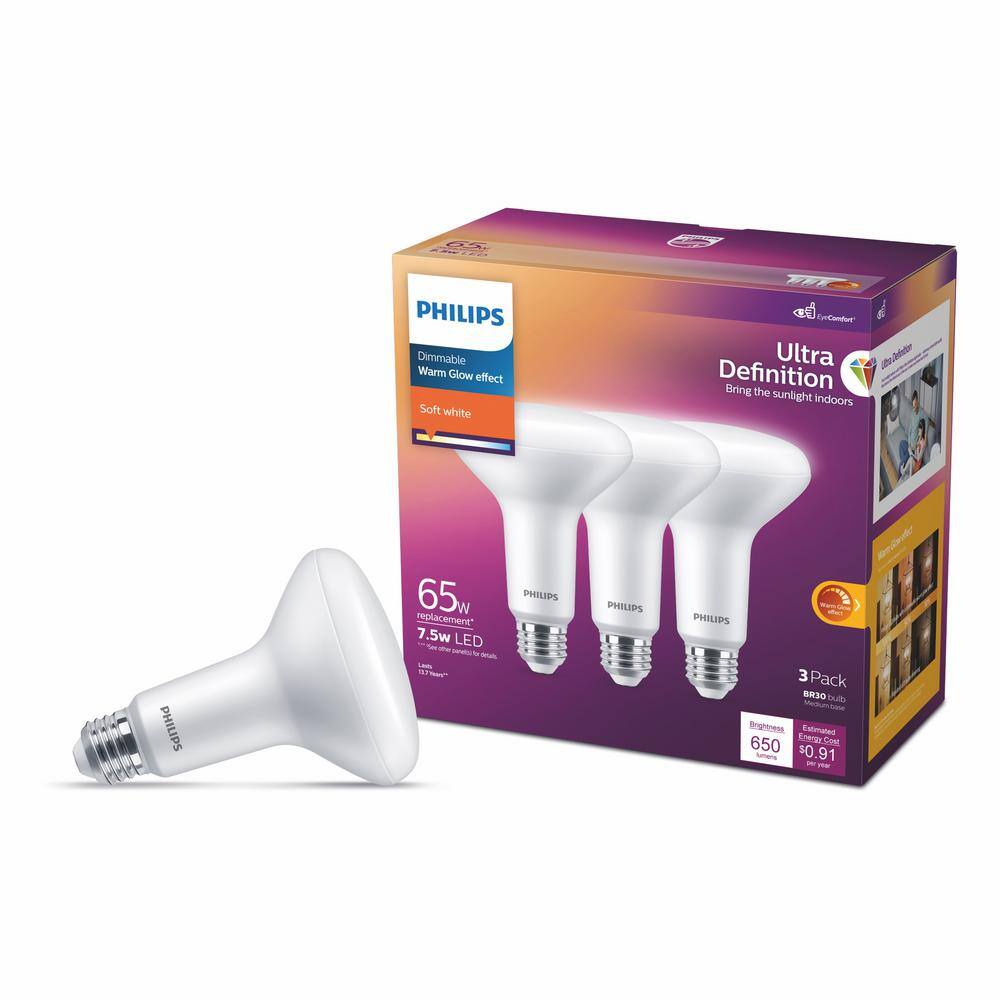 Philips 65-Watt Equivalent BR30 Ultra Definition Dimmable E26 LED Light Bulb Soft White with Warm Glow 2700K (3-Pack) 576769