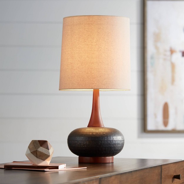 High Hammered Brown Ceramic Red Oak Wood Off White Shade For Bedroom Living Room Bedside Desk