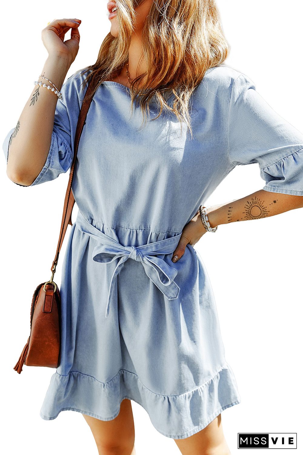 Sky Blue Ruffle Trim Half Sleeve Belted Denim Dress