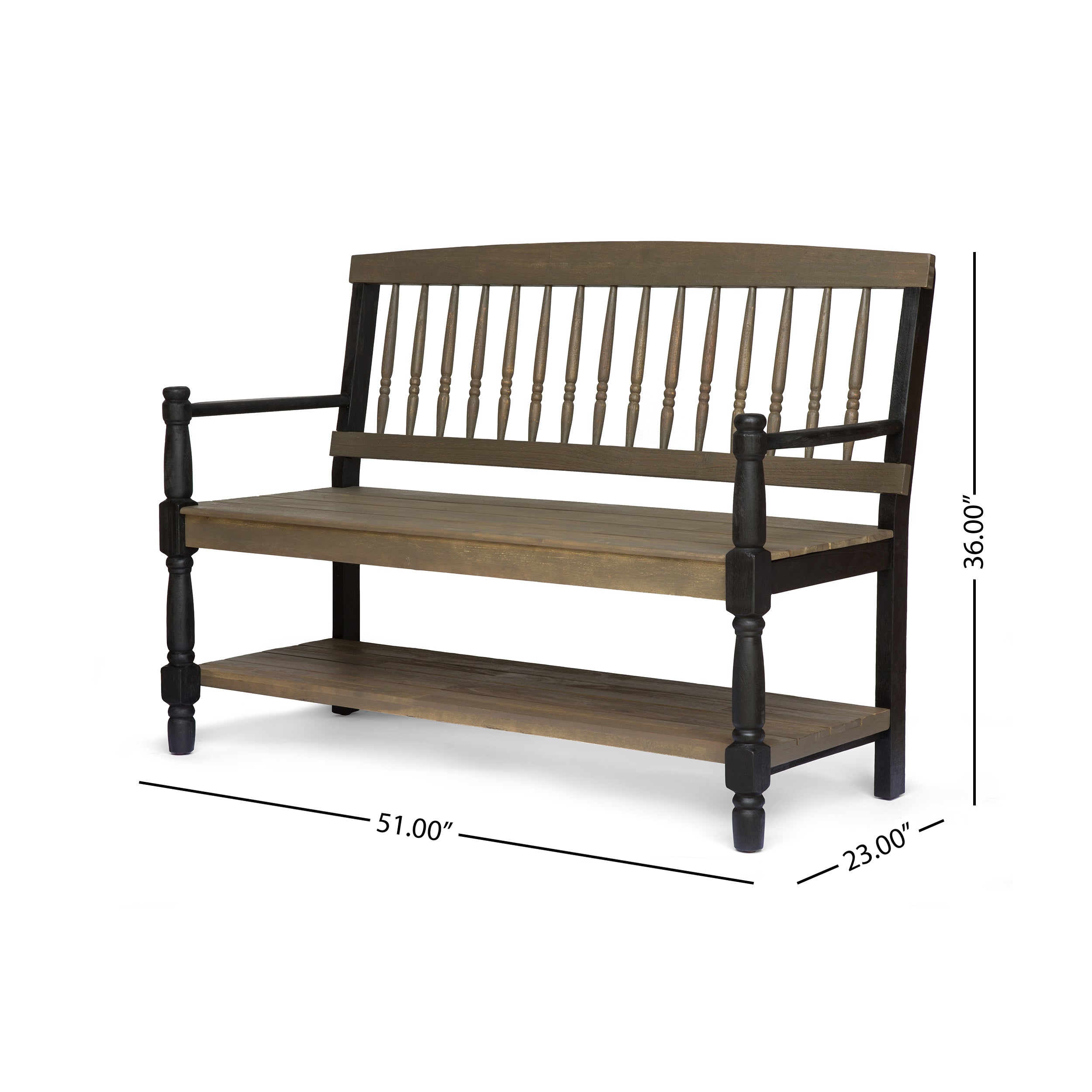 Larry Outdoor Rustic Acacia Wood Bench with Shelf, Gray and Black