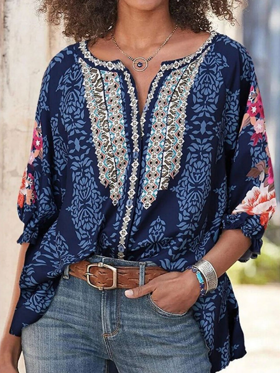 V-neck Casual Loose Vintage Print Long Sleeve Blouse